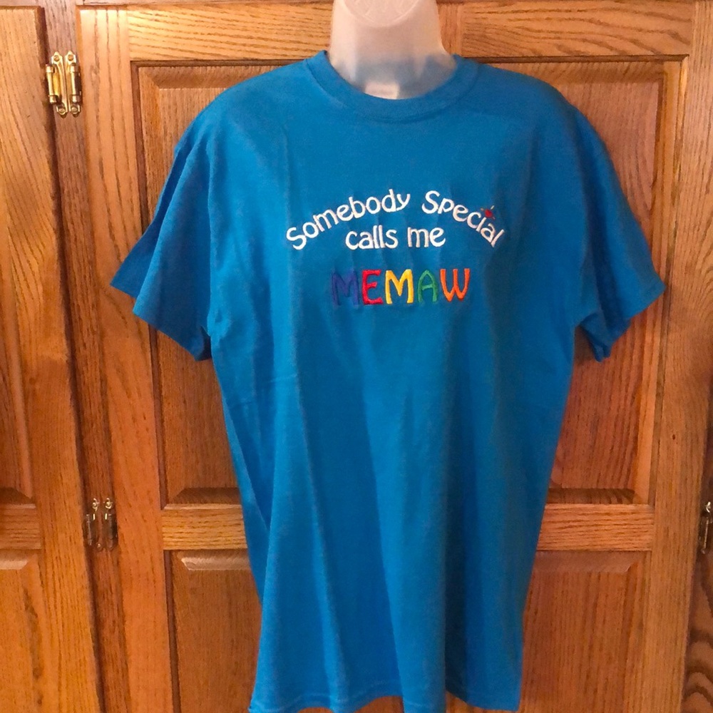 Gildan “ Memaw” T-shirt. Teal with multicolored embroidery. NEW